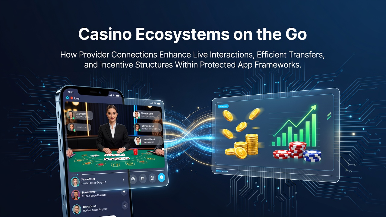 Illustration eines vernetzten mobilen Casino-Ökosystems mit Live-Dealer, Zahlungsströmen und Bonusstrukturen