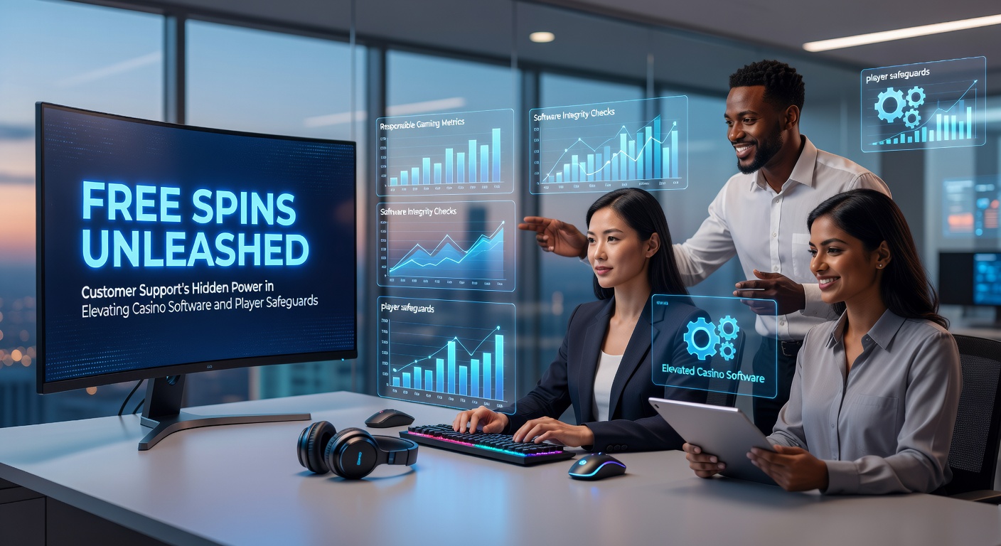 Kundensupport-Team hilft bei Free Spins in einem modernen Casino-Interface, mit Fokus auf Software-Integration und sichere Spielumgebungen