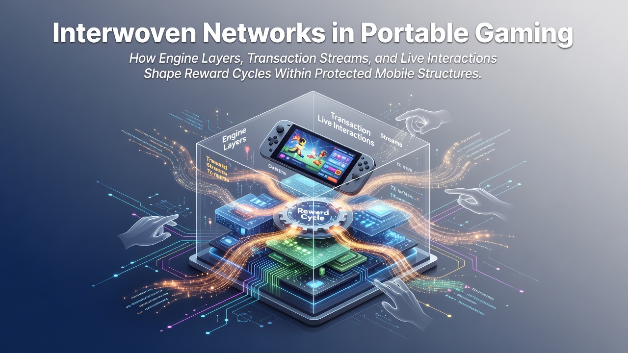 Darstellung vernetzter Engine-Schichten und Transaktionsströme in mobilen Gaming-Architekturen