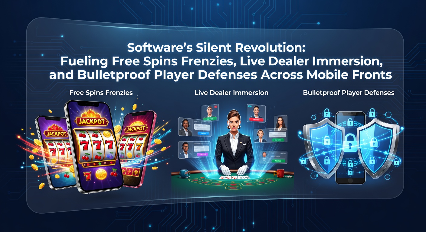 Moderne Casino-Software auf einem Smartphone-Bildschirm, die Free-Spins, Live-Dealer-Spiele und Schutzmechanismen visualisiert