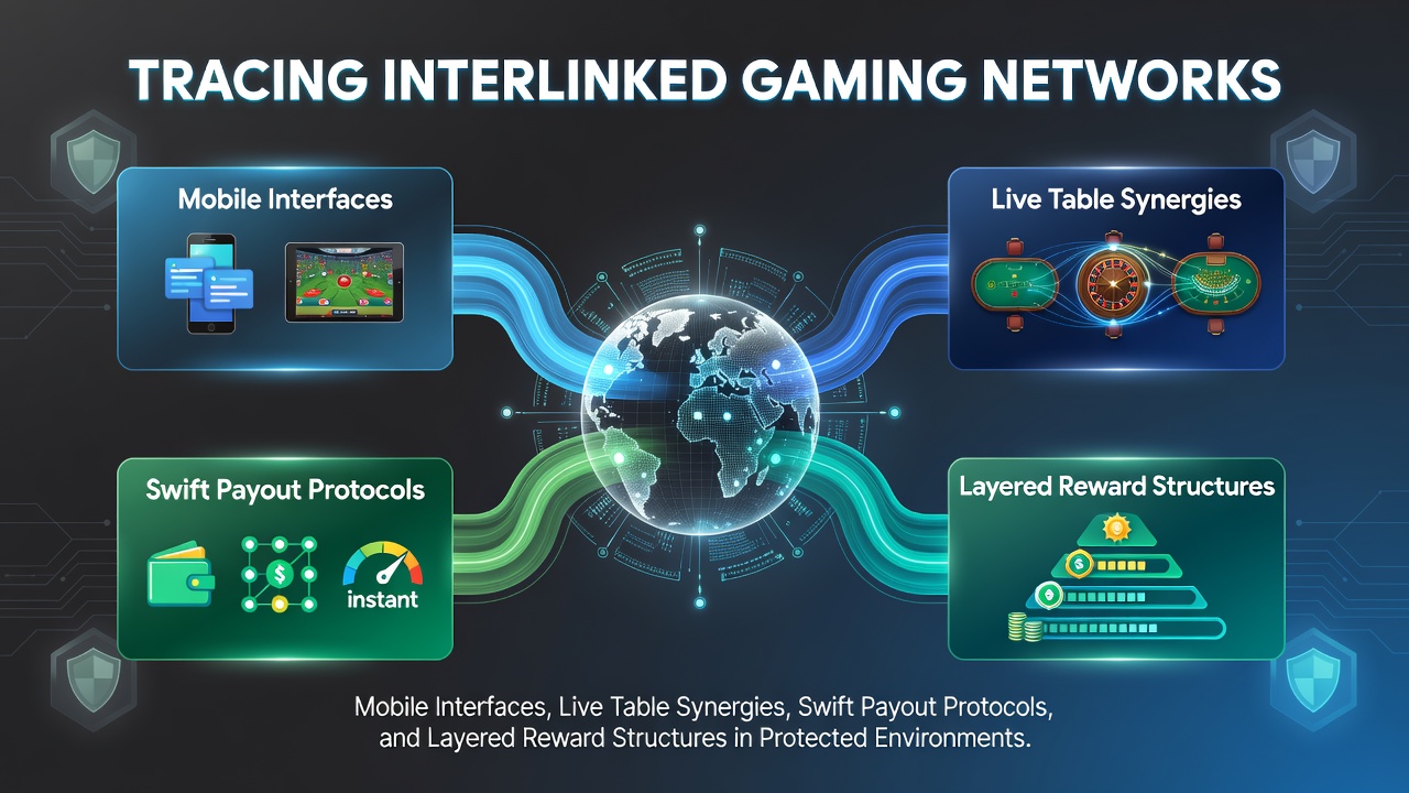 Darstellung vernetzter Casino-Netzwerke mit mobilen Schnittstellen und Live-Tischen