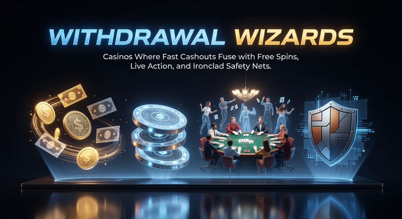 Grafik zeigt ein Casino mit blitzschnellen Auszahlungen, drehenden Free-Spins-Rädern und sicheren Schloss-Symbolen vor live Dealer-Tischen